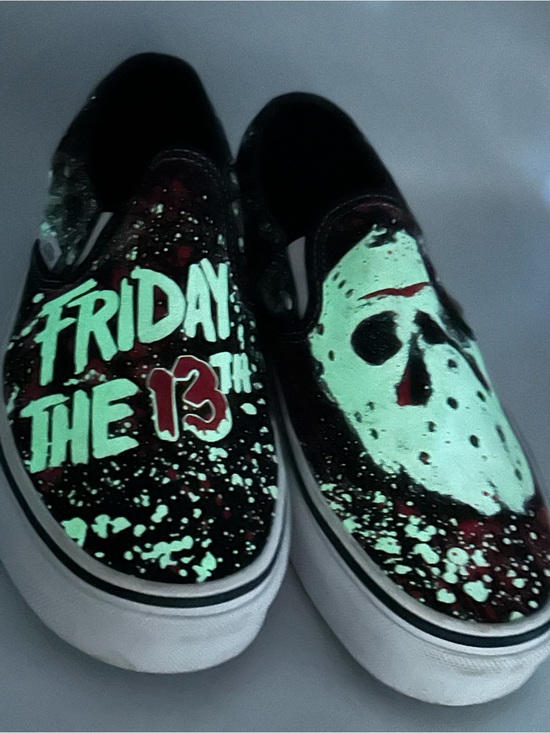 Vans Shoes - Van’s Black Slip-On Shoes with Glow-In-The-Dark Friday the 13th Design Men’s 7